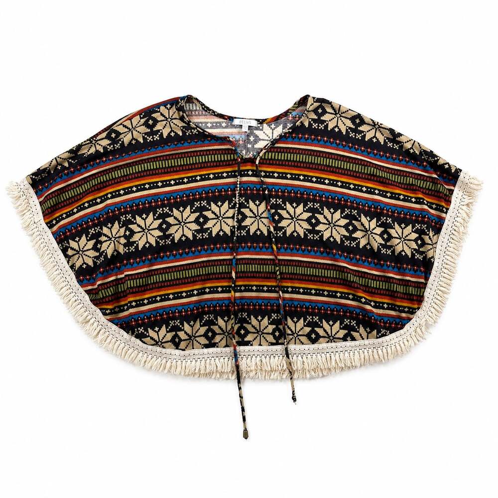 dELiA*s Women's Fair Isle Pattern Poncho with Fringe Trim and Front Tie